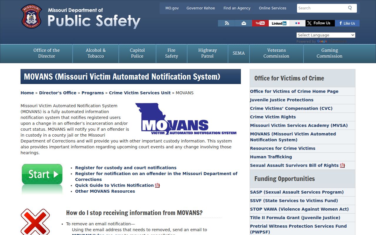 Ste. Genevieve County arrest history MOVANS notification information