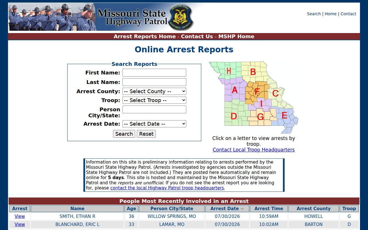 Ste. Genevieve County arrest report search from Missouri State Highway Patrol